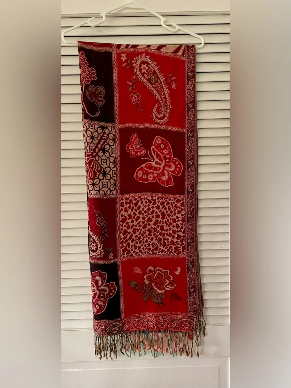Boho Patchwork Print Scarf, Red Multi-Pattern, Paisley, Animal Print, Floral
